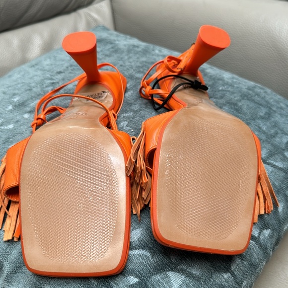 New Zara Fringed Orange High Heel Leather Sandals - Picture 7 of 8